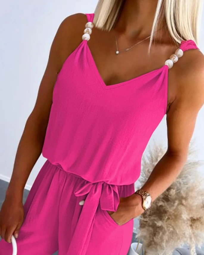 Women's Jumpsuit Casual Solid Color V-Neck Pearls Decor Thick Strap Sleeveless Pocket Design Tied Detail High Waist Jumpsuit