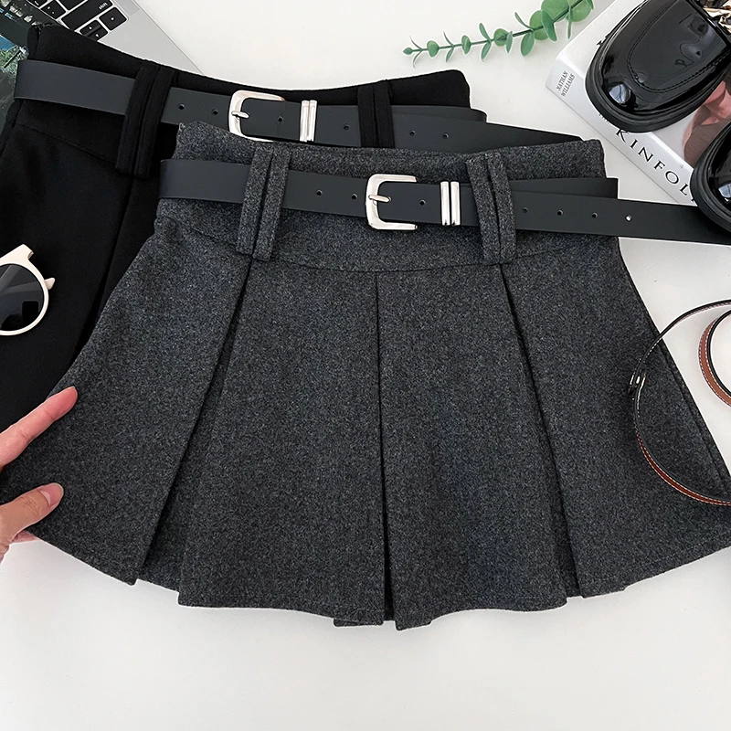 レッドウールプリーツショートスカート レディース 秋冬 ハイウエスト スリム 厚手 ハーフスカート 反射防止 Aラインスカート ベルト付き