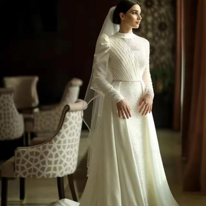 

Muslim Wedding Dresses High Collar A-line Ruffle Paillette Lace Full Brush Train Retro Bridal Gown Customized robe de mariée