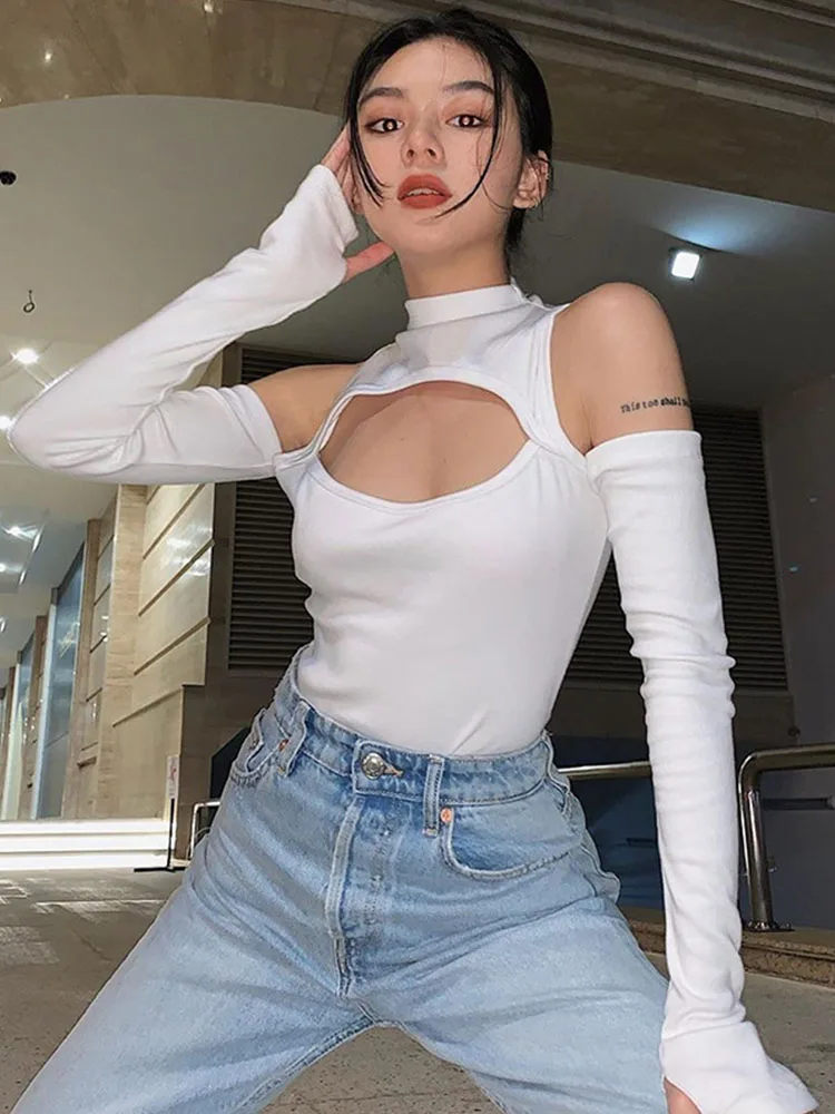 High Fashion Women’s Long-sleeved Bodysuit Solid Color Hollow Off-shoulder Half High Collar Jumpsuit