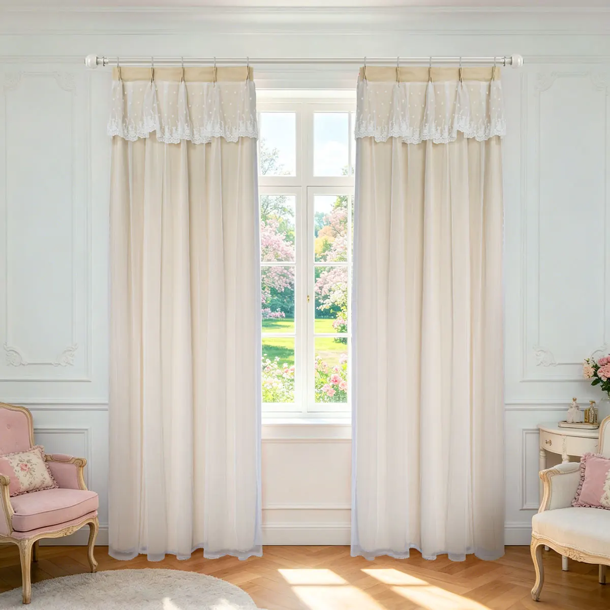 Cream Double Layer Lace Valance Medium Shading Korean Adjustable Hook Curtains, Elegant Decor Drapes for Household Windows