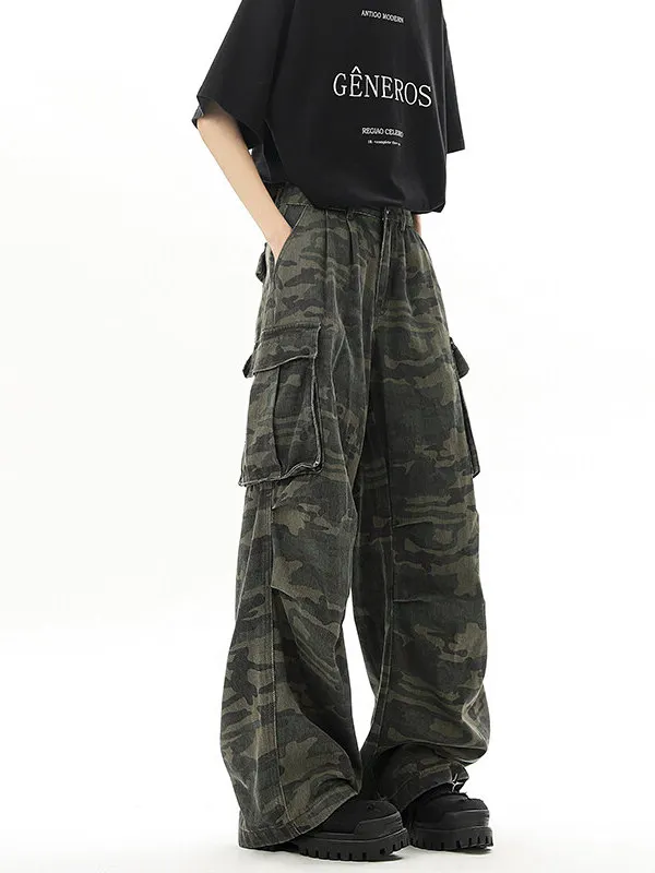 

American High Street Camouflage Jeans Men's Large ket Loose Straight Leg Wide Leg High Waist Waed Logging Work Pants Summer