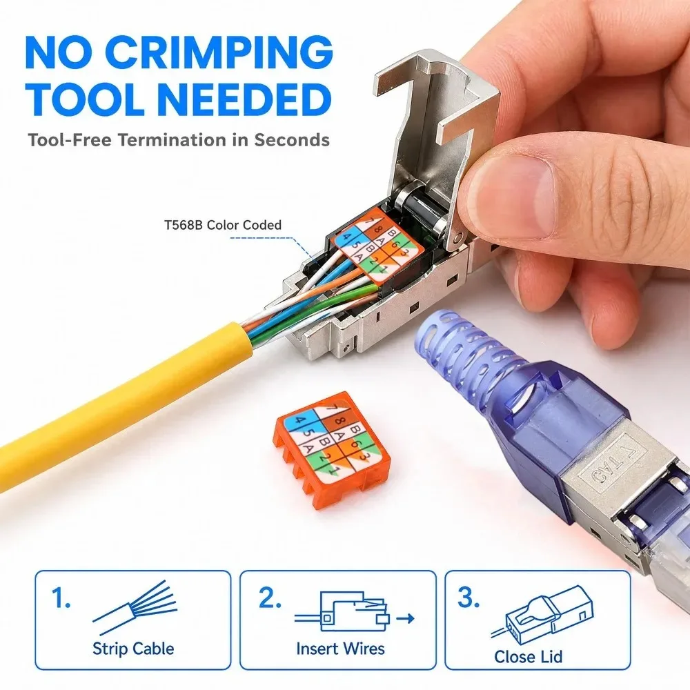 1/3/6Pcs Tool Free RJ45 CAT6A/CAT7/CAT8 Network Cable Connector Shielding Punching End Plug LAN Ethernet Termination Adapters