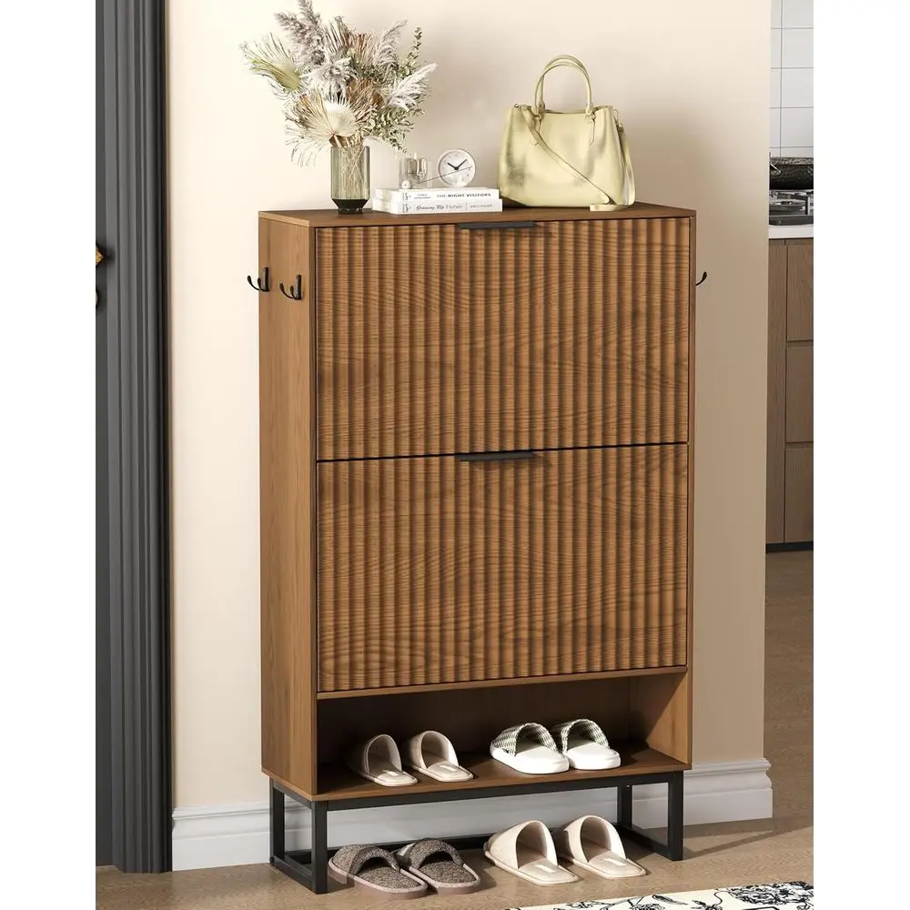 

Узкий шкаф для обуви из орехового дерева с металлическими ножками для прихожей, коридора, гостиной