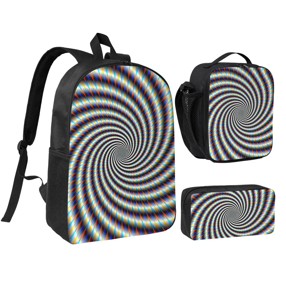

Psychedelic Swirl In Blue Red And Gold Backpack Student BookBag School Bag Shoulder Bags 3ps Insulated Lunch Bag Pencil Case