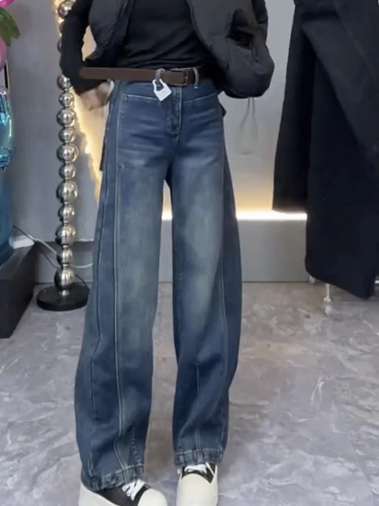حجم كبير واسعة الساق الجينز التخسيس المرأة Faion الخريف جديد الكمثرى القرد الجسم سكين السراويل الموز السراويل السراويل الطويلة