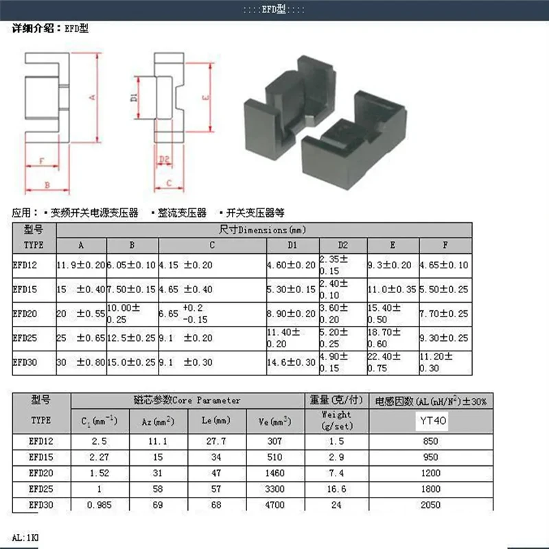 Núcleo magnético horizontal do ferrite, SMD5 + 5Pin, EFD15, material PC44