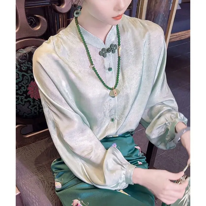 بلوزات جاكار من الحرير الساتان للنساء بأكمام طويلة وفانوس قمصان فضفاضة للمكتب ملابس غير رسمية كبيرة الحجم