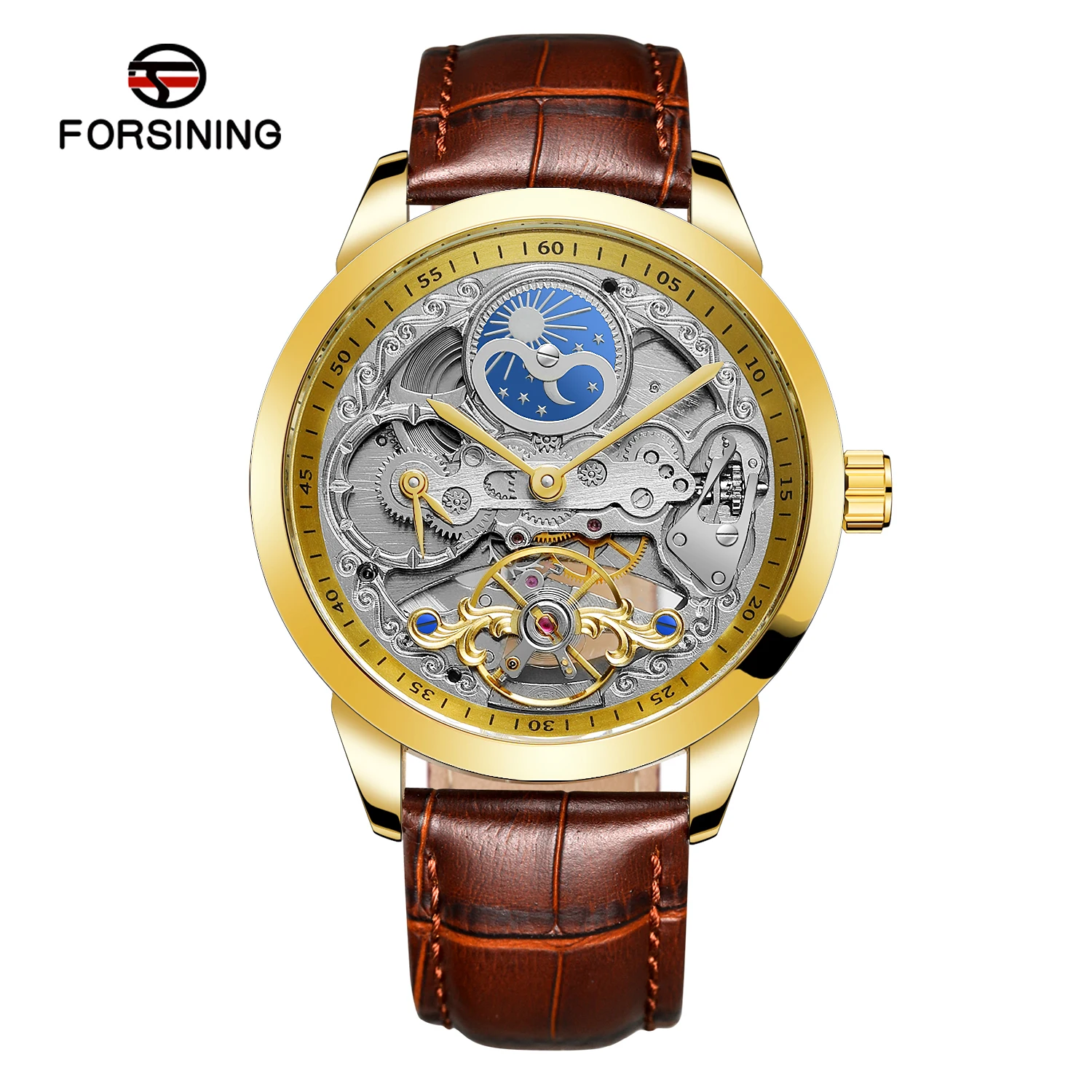 Forsining Fashion Moon Phase Mens Watches Top Brand Luxury Tourbillon Skeleton Automatic Mechanical Watch Brown Leather Belt New