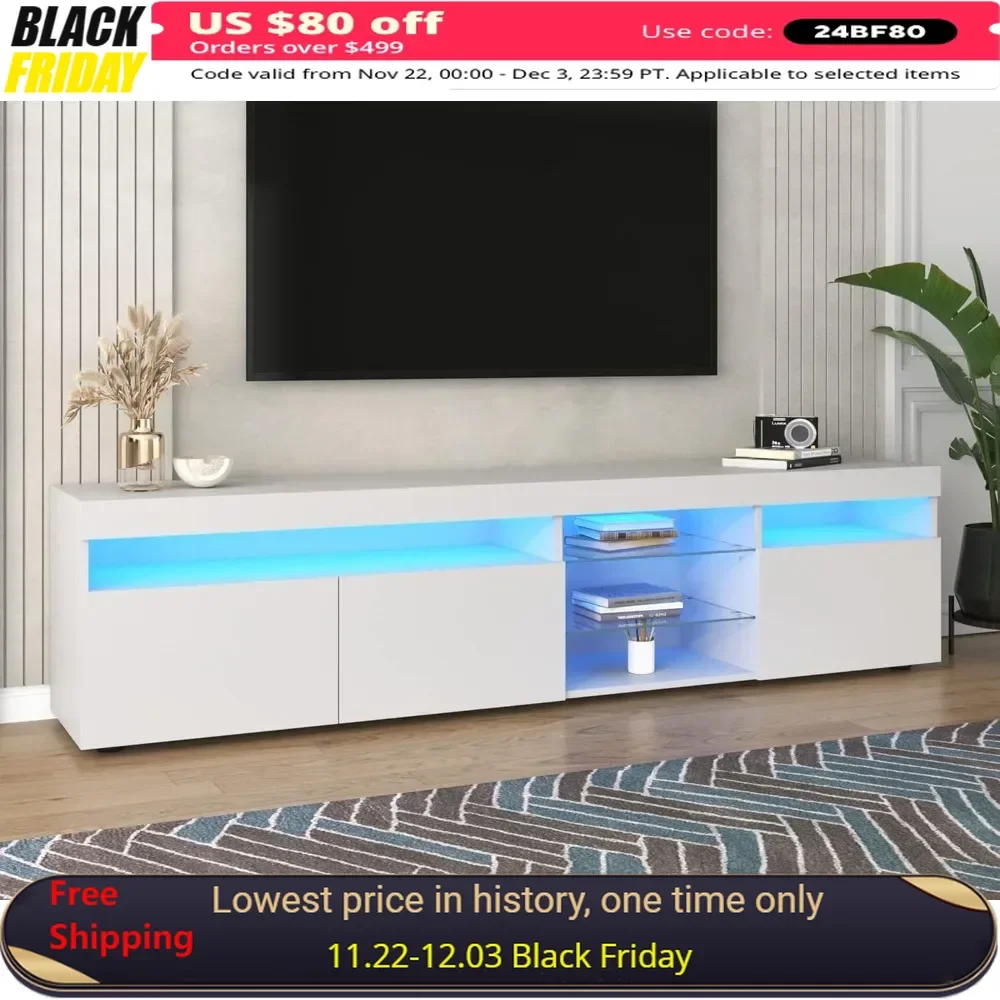 

TV Stand with LED Lights, Storage Cabinets, Glass Shelves, Entertainment Center for TVs Up To 80”, High Gloss 2-Tier TV Stand