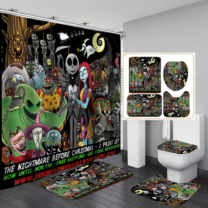 4pcs Nightmare Before Christmas Zombie Bride Jack Waterproof Shower Curtain Bathroom Halloween Decor Halloween Accessories Gift