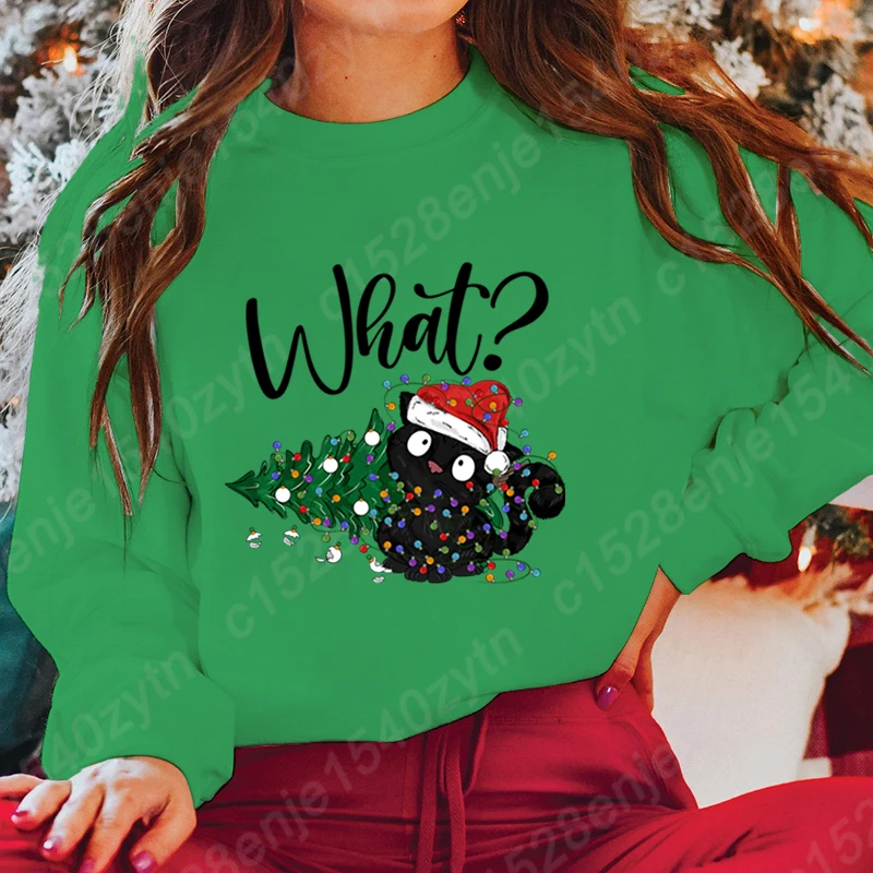 Christmas Light Black Cat What Print Hoodless Sweatshirts Women Fashion Creative Personalized Sweatshirts Autumn Winter Pullover