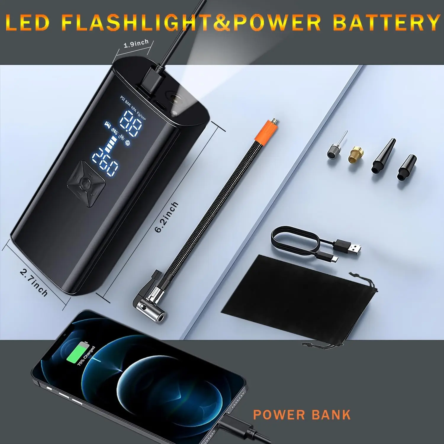 ضاغط هواء محمول BZY 5X أسرع، مضخة هواء لاسلكية 180 رطل لكل بوصة مربعة مع مقياس رقمي لإطارات السيارات والدراجة والدراجات النارية