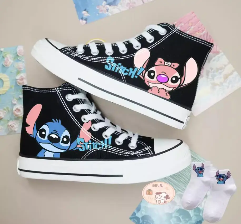 Disney Lilo & Stitch Print Casnvas Shoes 2024 New White Sport Shoes Couple Casual Sneakers Fashion Tennis Shoes Size 35-44