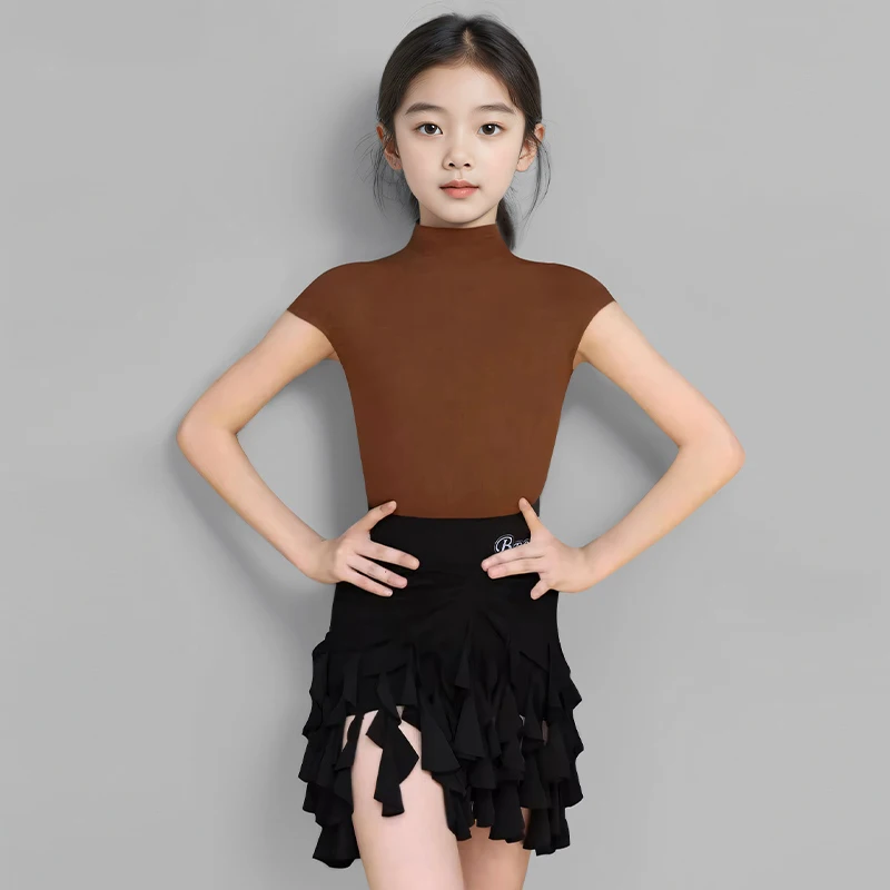 Girls Latin Dance Dress Long Sleeve High Neck Top Ruffled Skirts Practice Clothes Rumba Tango Latin Performance Costumes DN19897