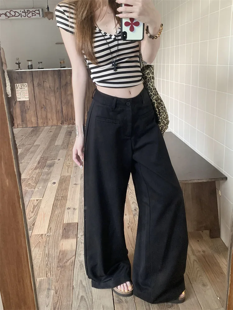 Pantalon polyvalent taille haute pour femmes, ample, jambes larges, kaki, suspendu, décontracté, simple, jambes droites, long, été