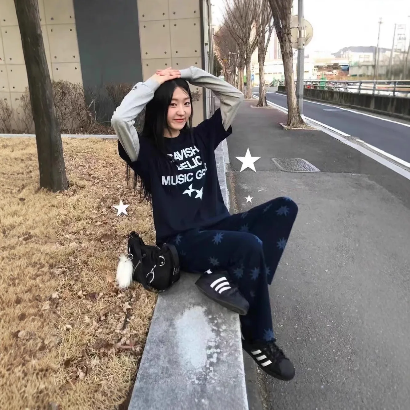 

Casual Star Letter Print Color Blo Long Sve T-irt Fake Two-Piece Set Korean Loose Fit Women's Winter Thi Nylon Top