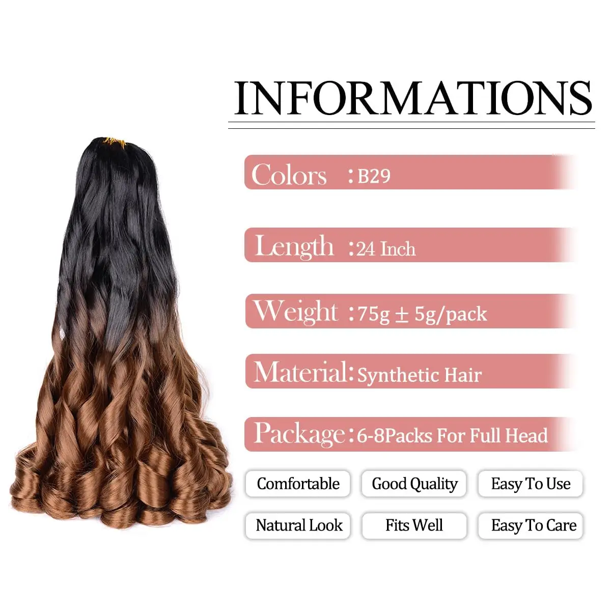 Rambut sintetis kepang keriting Prancis, ekstensi rambut sintetis 22 inci 6 Pak untuk wanita warna hitam (75g/PAK)