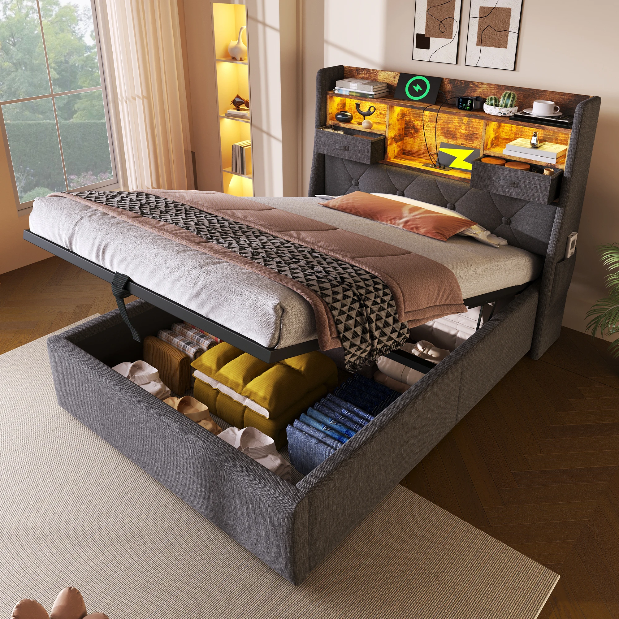 MODFU gestoffeerd bed 90x200 met LED USB/Type-C & bedbox grijs zonder matras - afbeelding 1
