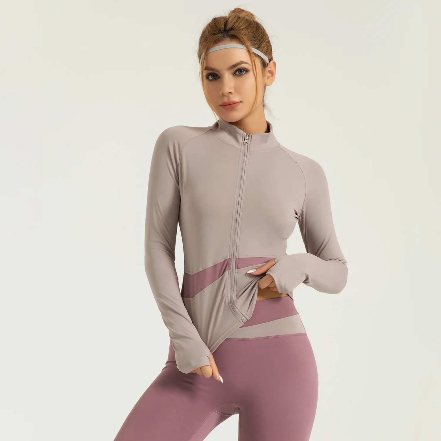 

Peach matching color yoga coat nude feeling sports top high neck thin breathable crop fitness wear women free by post