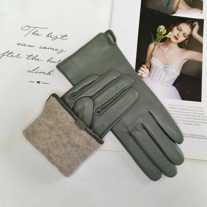 Guantes de cuero de color para mujer, manoplas de piel de oveja de estilo clásico recto, forro de punto, manoplas de conducción para primavera y