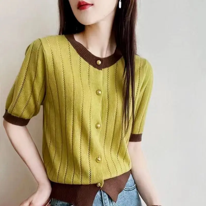 Women Clothing Chic Solid Patchwork Cardigan Summer Casual O-neck Short Sleeve Hollow Out Top All-match Button Knitted T-shirts