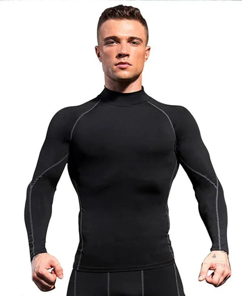 Turtleneck Compression Gym Long Sleeve Shirt Workout T Shirt Men Bodybuilding Tight Clothing Fitness Mens Sports Tee Shirt