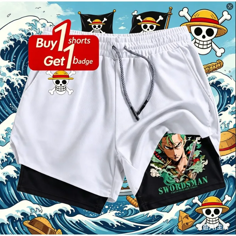Pantalones Cortos Deportivos de Compresión 2 en 1 para Hombre, Diseño Anime Zoro, Doble Capa, Secado Rápido, para Gimnasio, Playa, Traje de Baño