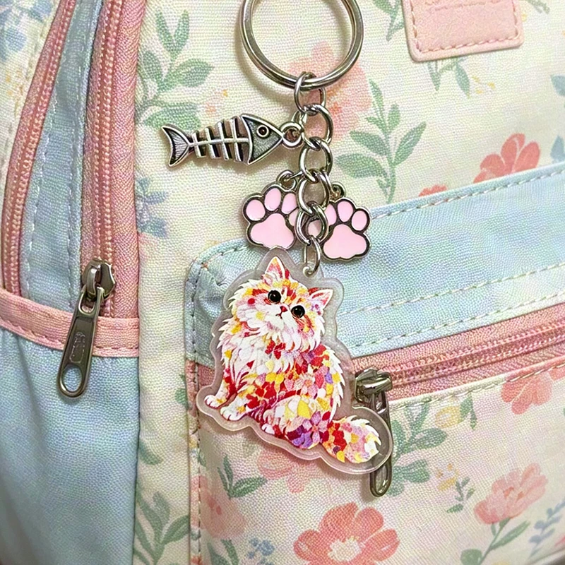 Cute Splash Color Art Cat Keychain Siamese Cat Persian Cat Fox Cat Pendant Pink Claw Fishbone Keyring Cat Enthusiast Bag Pendant