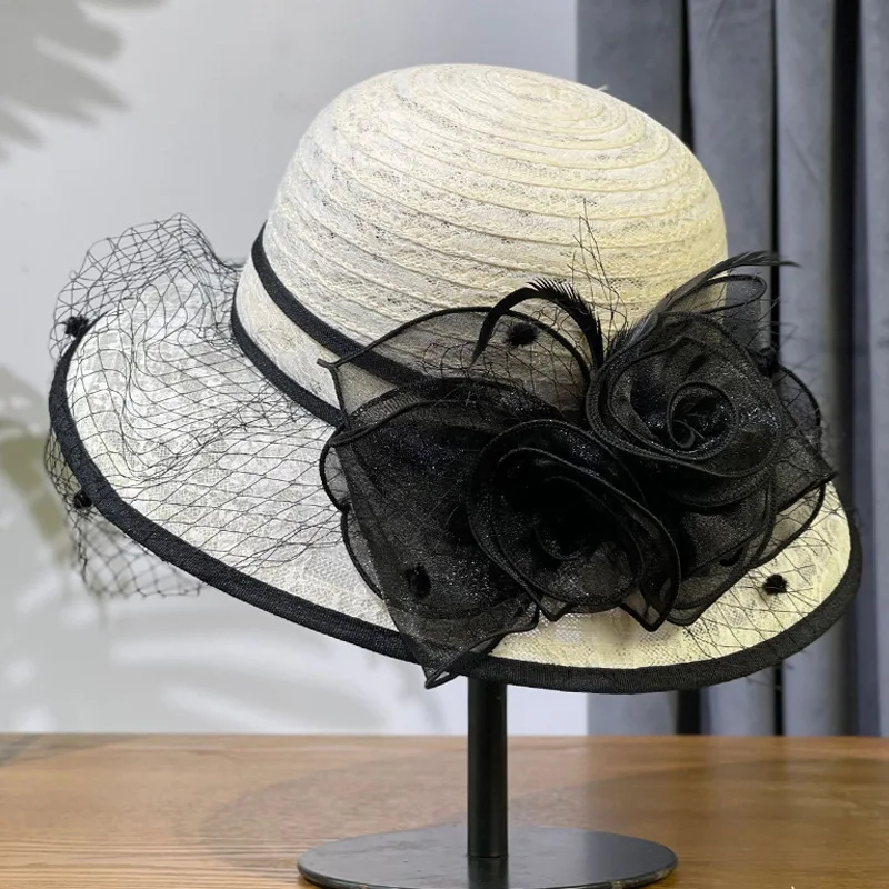 Mom Hat Women's Summer Thin Breathable Net Yarn Flowers Top Hat British Fashion Lady Sun Protection Sun-shade Fisherman Hat