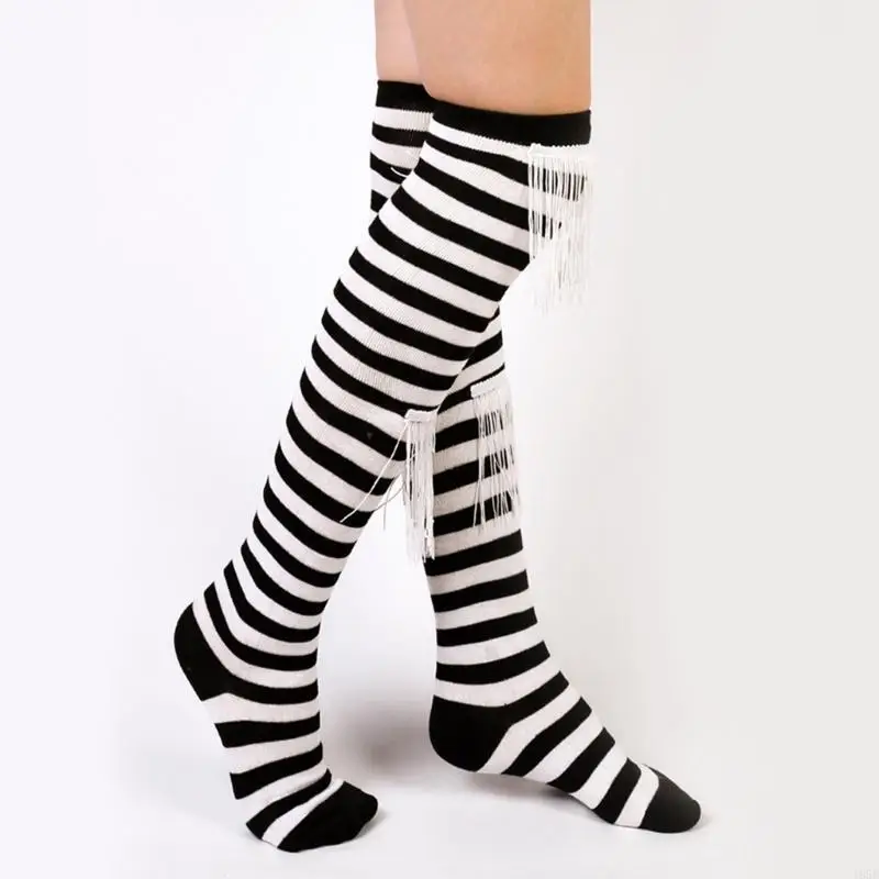 195E Women Girls Over Knee Long Socks Tassels Patchwork Christmas Striped Thigh High Stockings Holiday Party Stage Costume