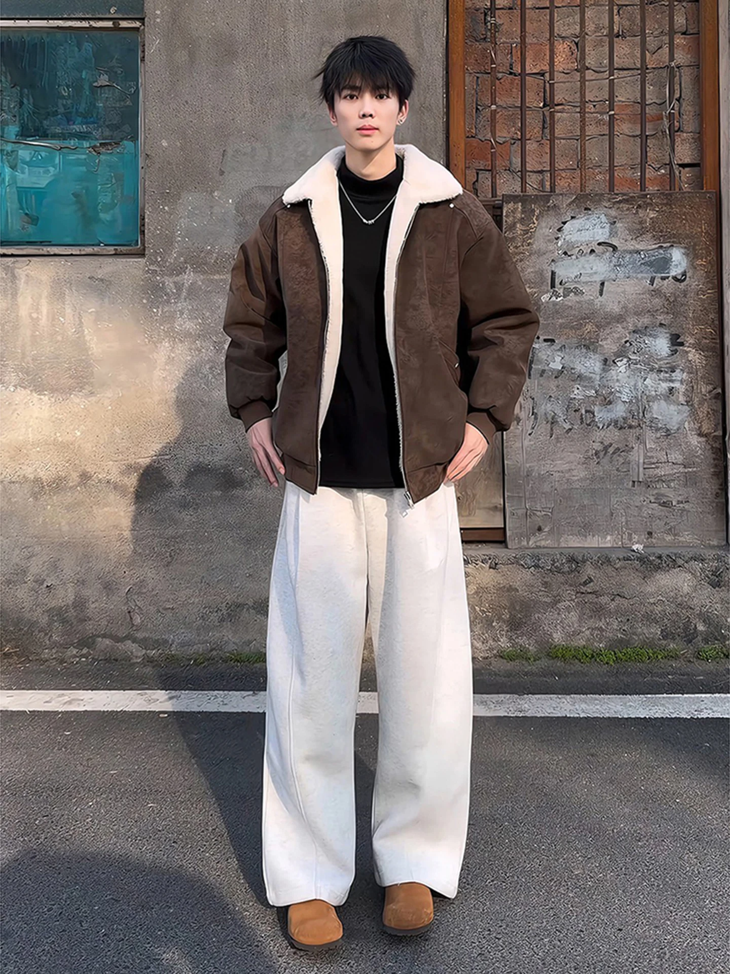 

Brown Meral PU Leather Lamb Fur Jaet Thiened Cotton Coat Stand Collar American Retro Sle Men's Winter Outerwear