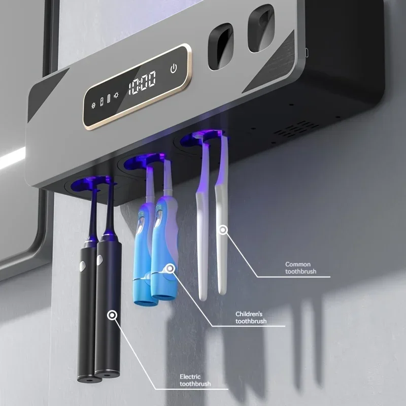 UV 살균 칫솔 홀더, 자동 치약 디스펜서가 있는 스마트 벽걸이형 칫솔 정리함, USB 충전, 리튬 썸네일 3