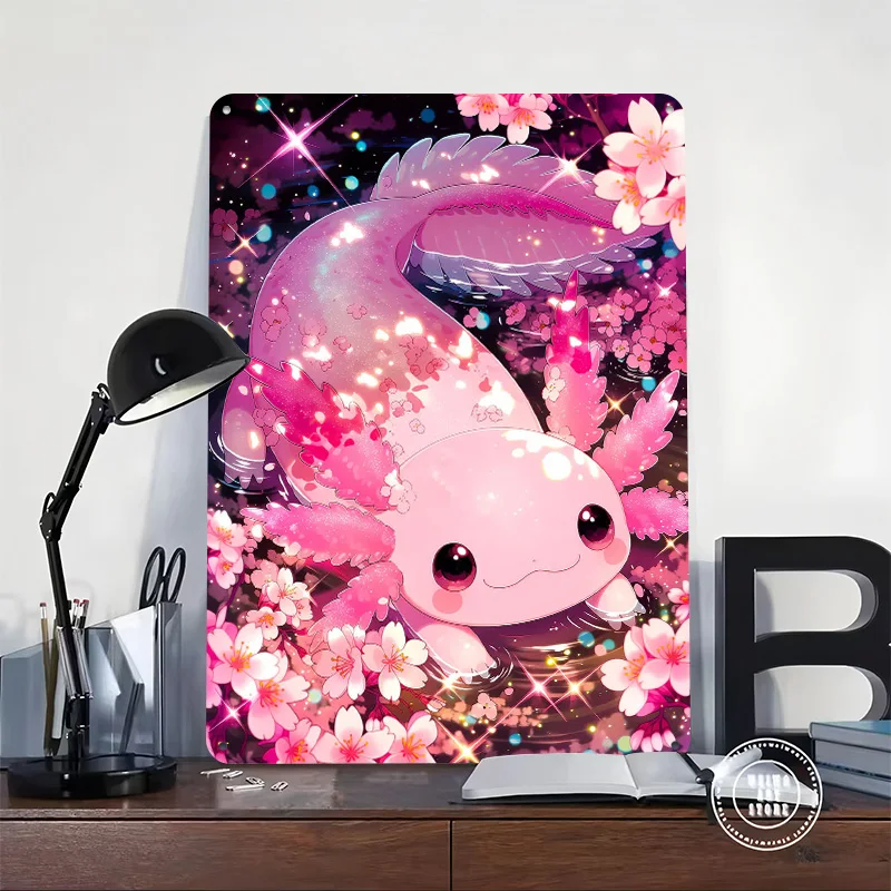 Pink Axolotl With Cherry Blossoms Tinplate Poster Custom Wall Art Vintage Metal Signs Retro Tin Plaque for Home Decorations Room