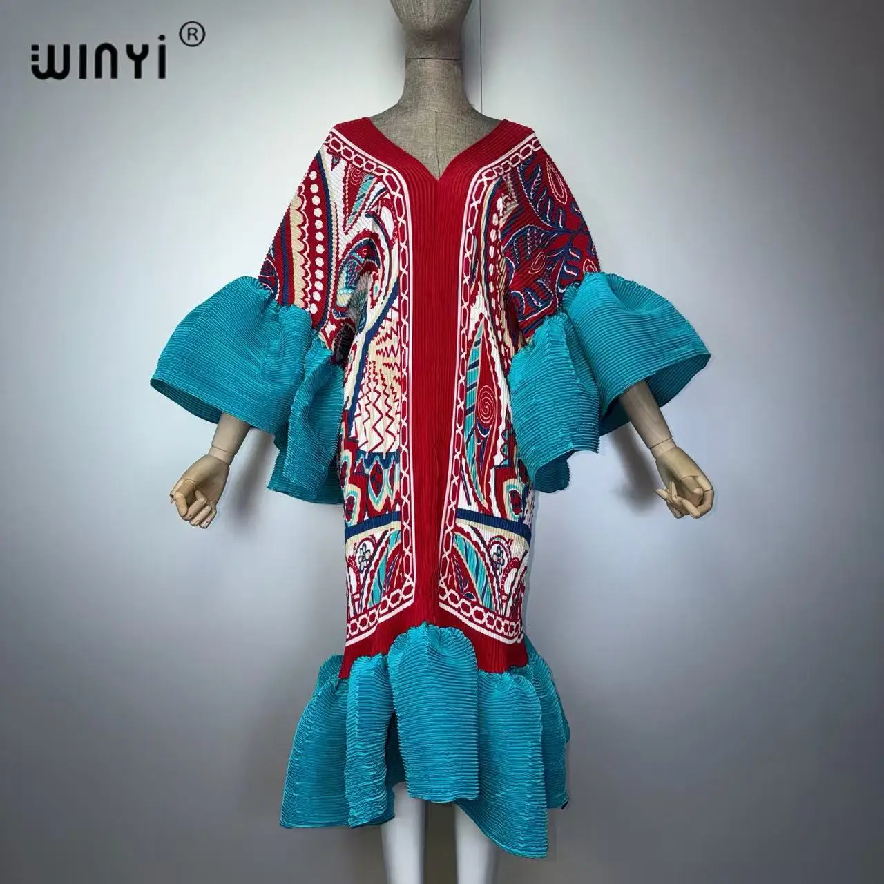 WINYI Boho autumn Pleated Slim Dress Dubai Style Elastic Beach wear Kaftan Abaya for Muslim Women Luxury Long Dress for Holiday
