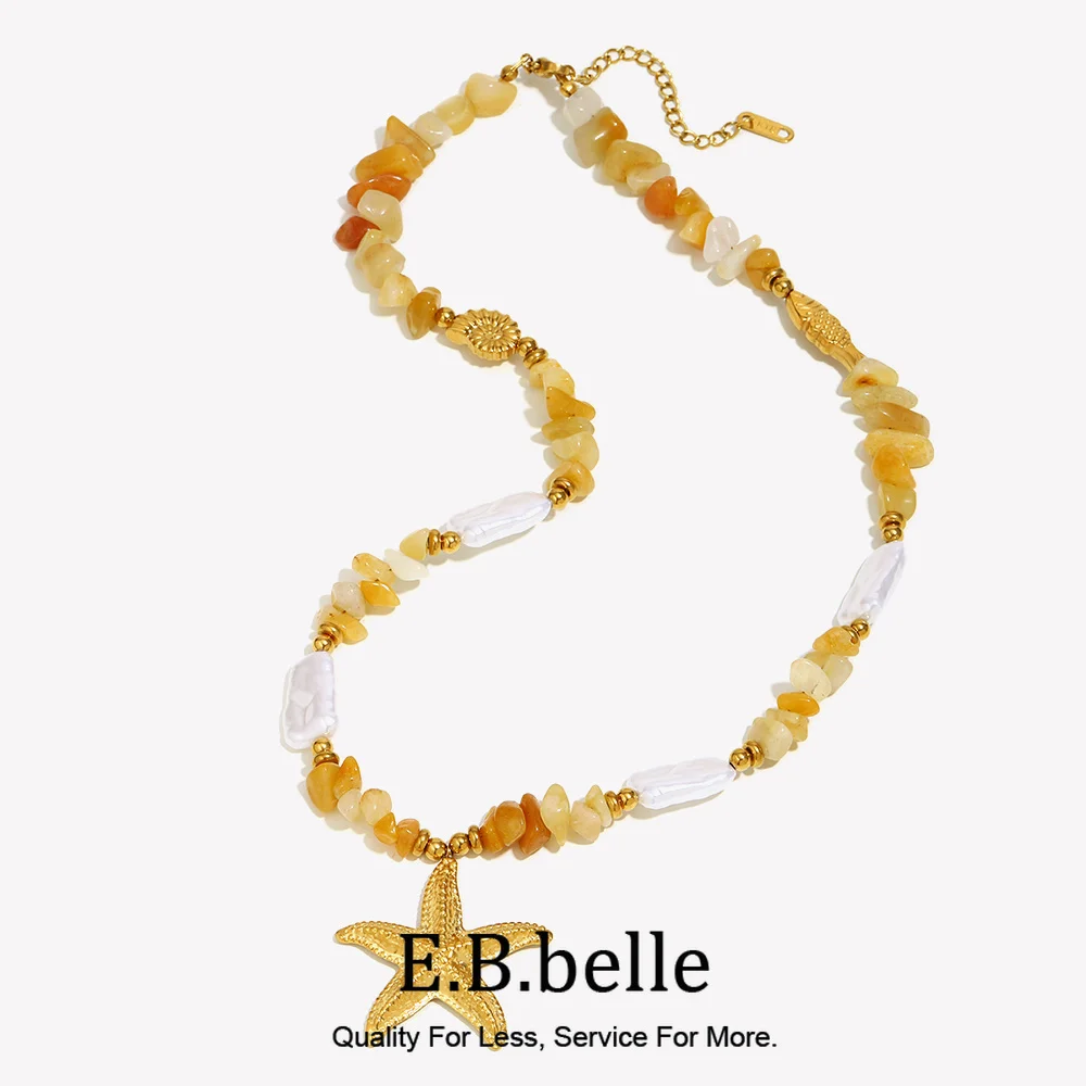 E.B.belle Fashion Summer Orange Natural Stone Pearl Starfish Pendant Necklace PVD Plated Stainless Steel Exaggerated Jewelry