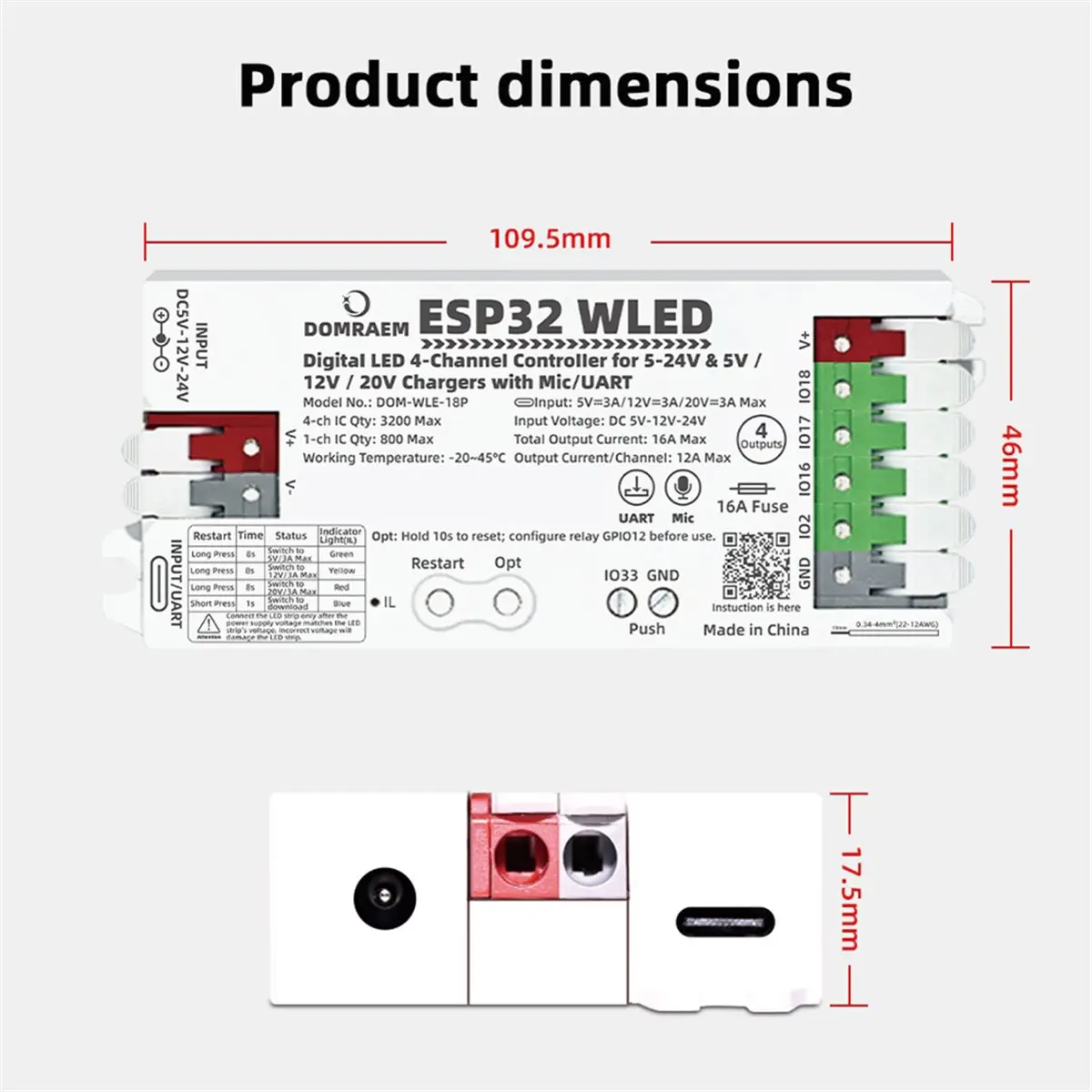 【brilliant】controleur-led-numerique-domraem-esp32-wled-controleur-de-rythme-musical-wled-a-quatre-canaux-double-alimentation-pd-dc-16a-b