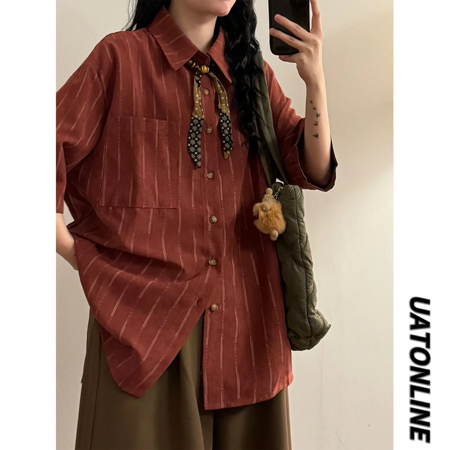 

UATONLINE2026 Summer American Retro Striped Short Sleeve Casual Shirt Trendy Brand Loose Fit Unisex Top Street Style Breathable