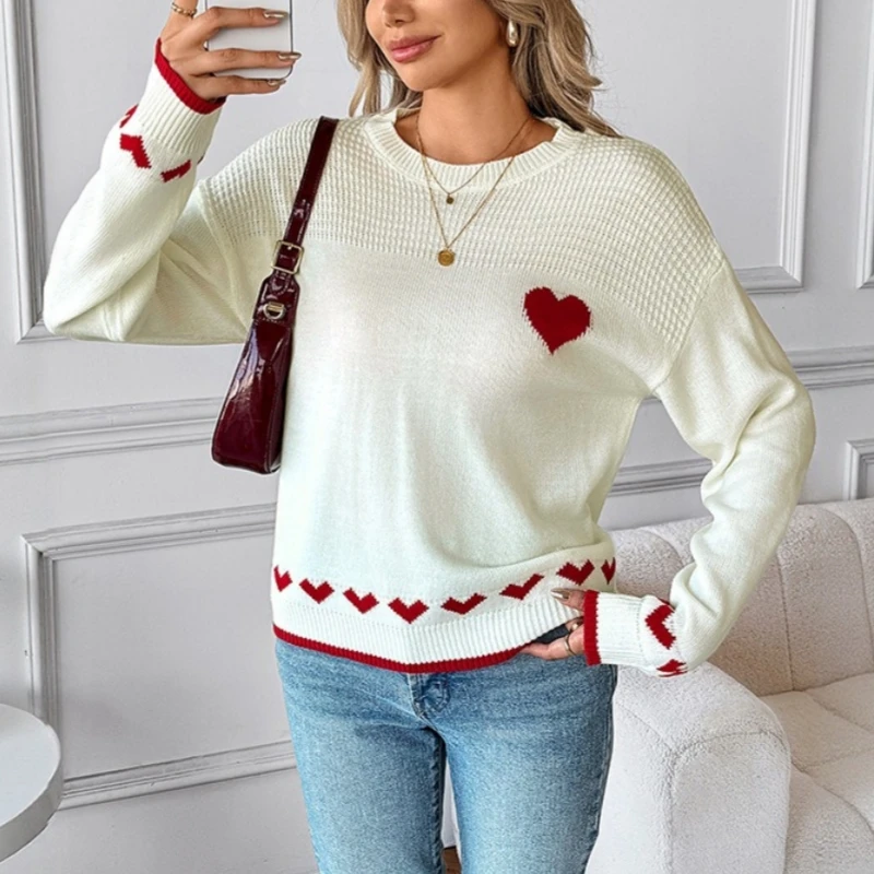 

2026 Autumn Winter O-neck Heart-shaped Knitted Sweaters Fashion Comfort Long Sleeved Pullover Casual Warm Jumpers Knitwear