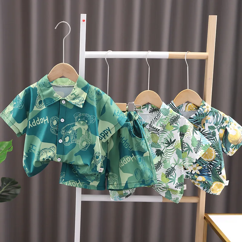 Boys Summer Shirt Set Baby Summer Boys Full Print Clothes Children Short Sleeves Handsome