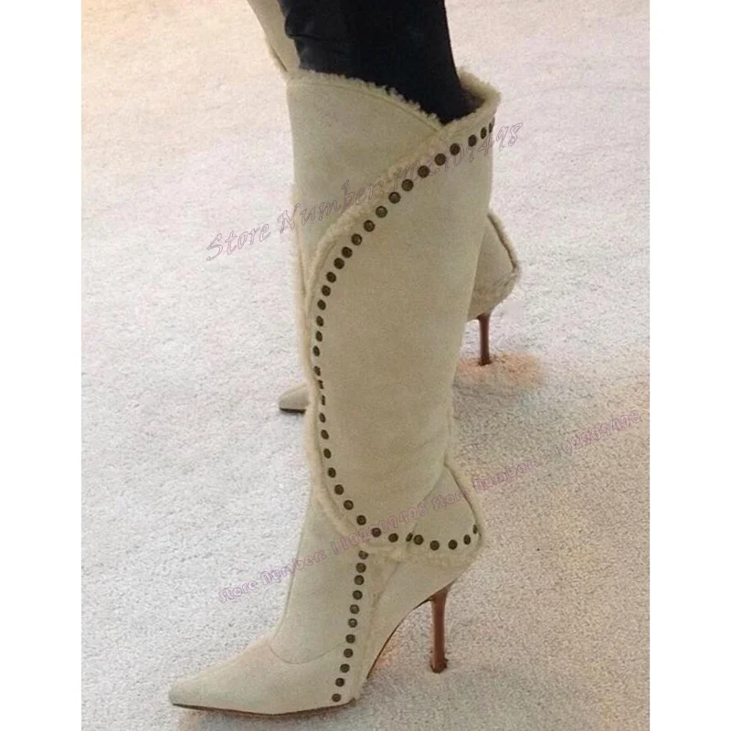 Off White Suede Rivet Decor Boots Fleece-lined Pointed Toe Shoes for Women Knee High Thin Heels Shoes 2023 Zapatos Para Mujere