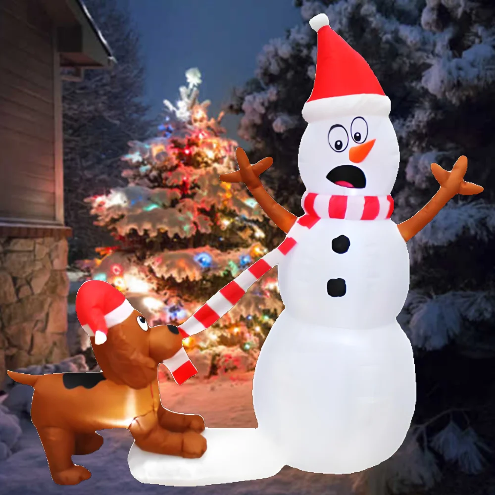 1.1M Christmas Inflatable Dog Bites Snowman Scarf Model Decoration Glowing Doll Cartoon Giant LED Lamp Party Gifts Outdoor Lawn