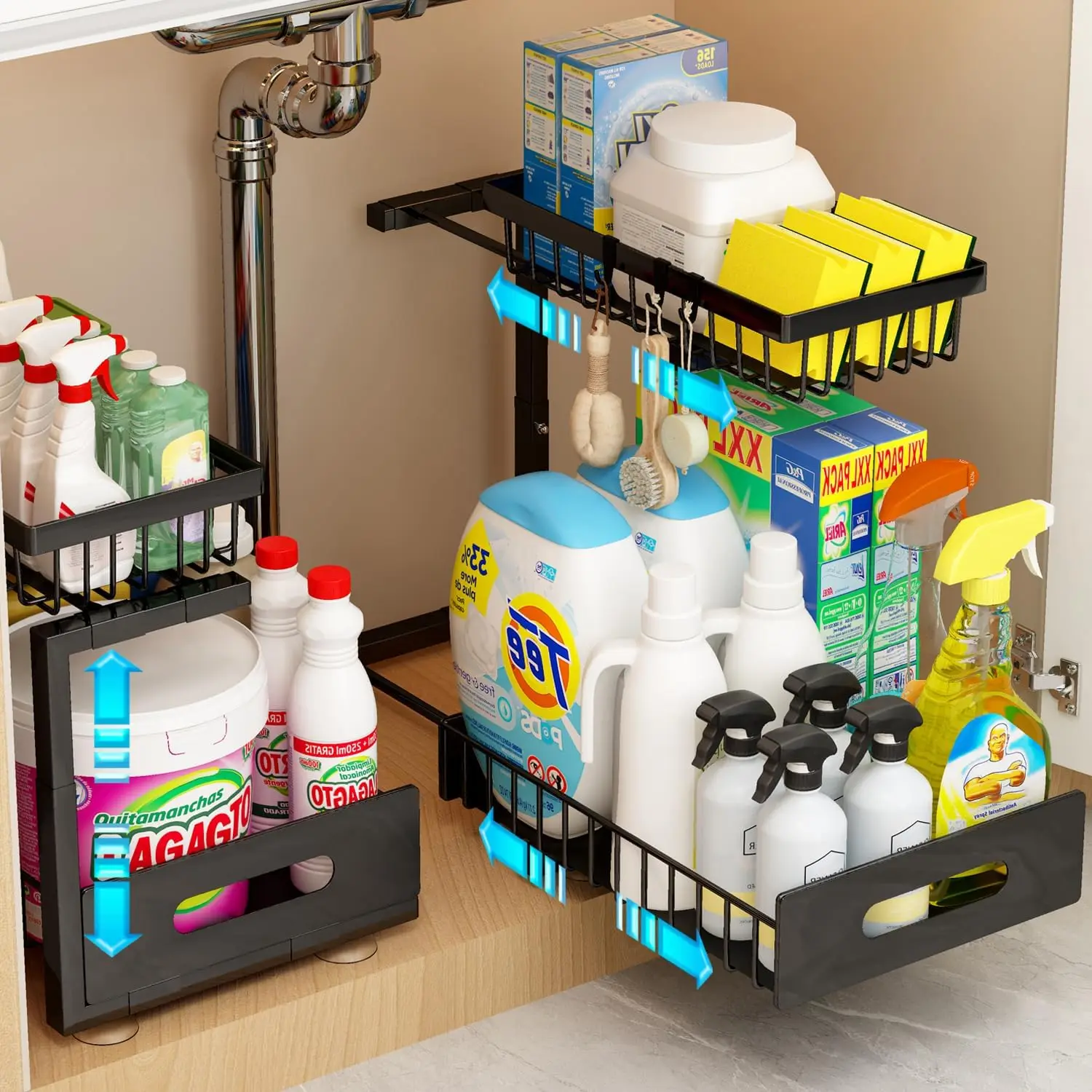 

Under Sink Organizer, Adjustable Shelves, 2 Pack Pull Out Cabinet Organizer Slide Out Sink Shelf Cabinet Storage Shelves, Und