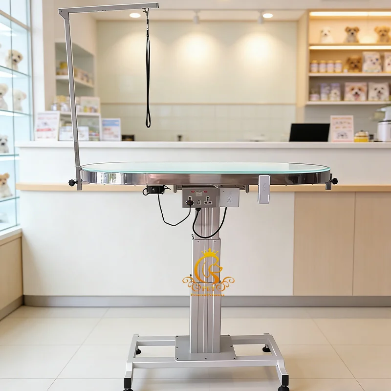 Electric Pet Grooming Table with Hydraulic Lift 8mm Tempered Frosted Glass Top LED Light Strip Non-Slip Easy Clean for Dogs Cats