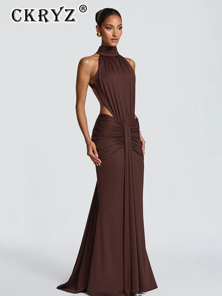

Ladies Summer Elegant Evening Party Maxi Dress Women Sleeveless Backless Ruched Fashion Bodycon Long Dresses Birthday Streetwear