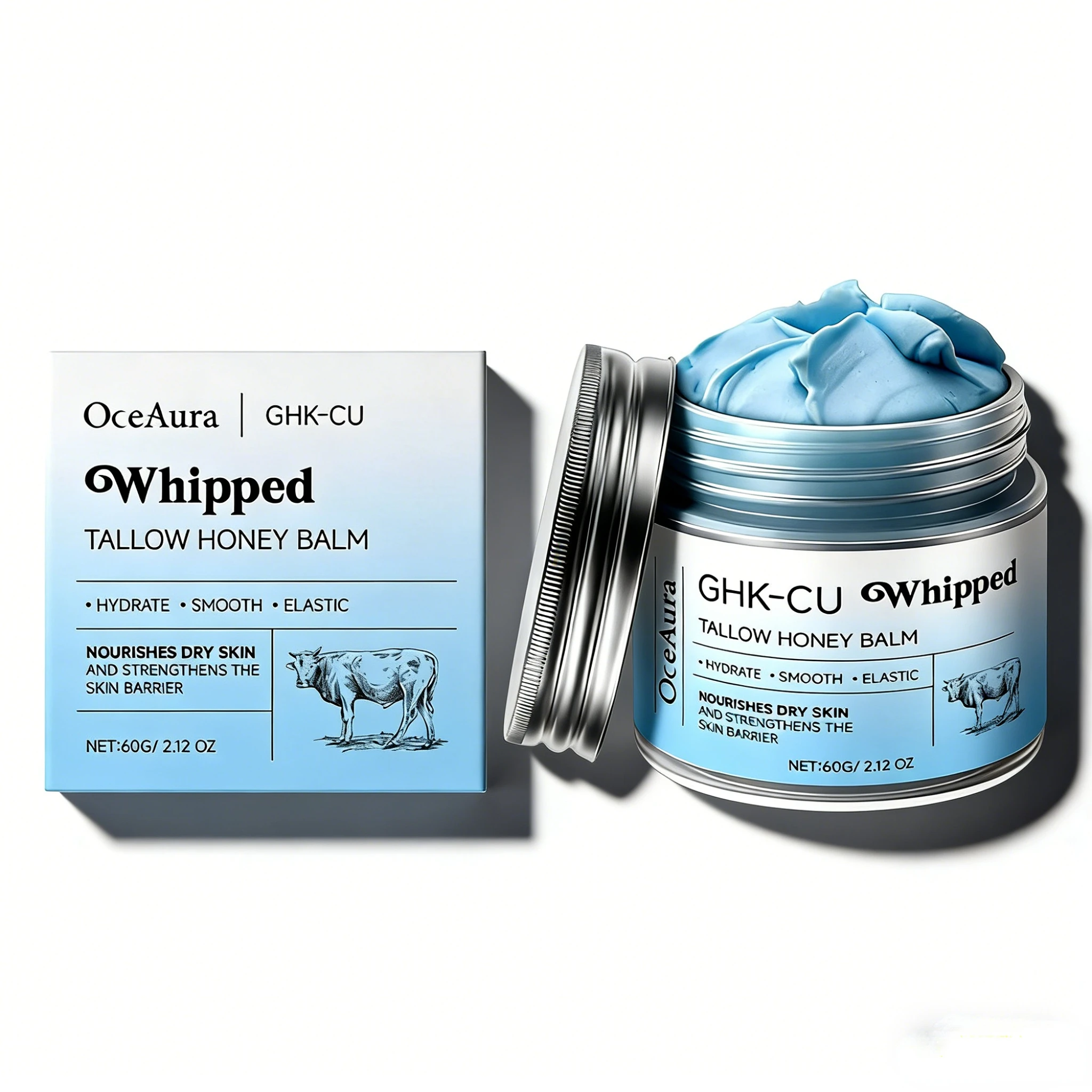 GHK-Cu Peptide & Beef Whipped Tallow Honey Blue Balm Cream for Mature, Dry, Sensitive Face and Body Moisturizer Skincare