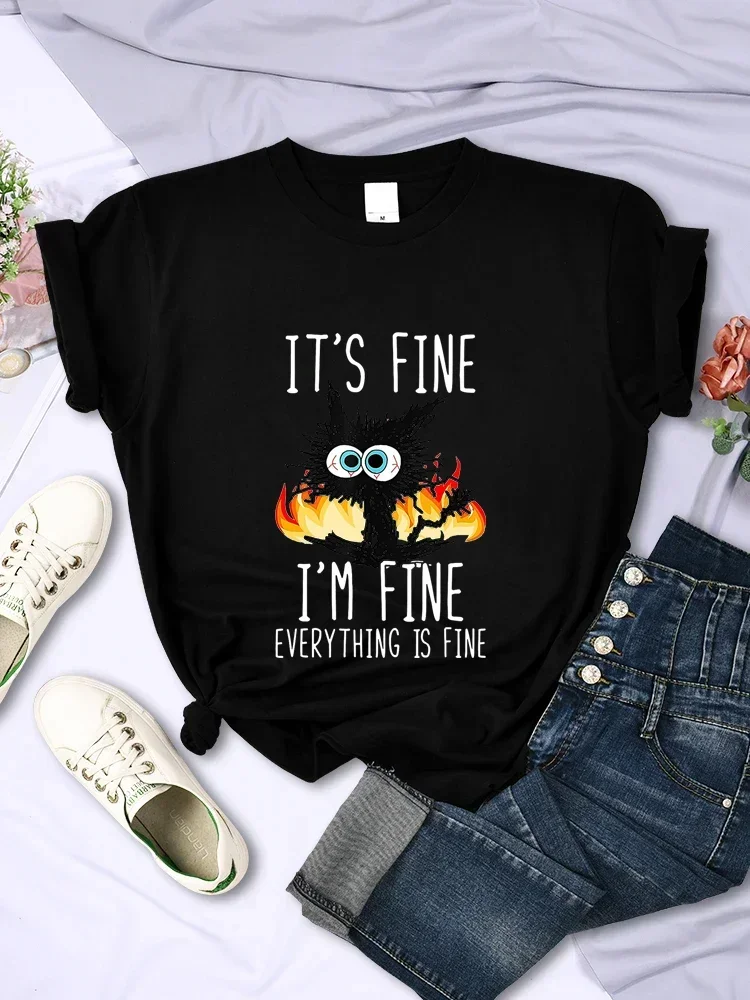 Lovely Funny Black Cat T Shirt It's Fine I'm Fine Everythings Fine Tees Harajuku Streetwear Kittens&cat Lovers Shirts for Women