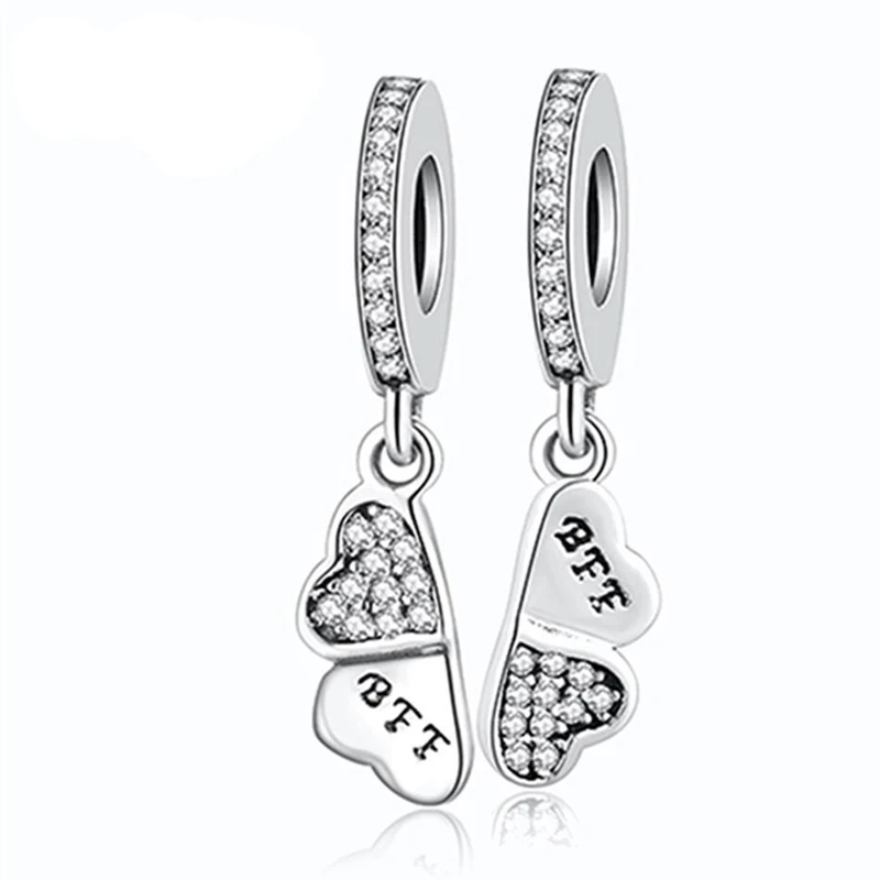 Best Friends Forever BFF Crystal Heart Petals Dangle Charms Fit Women Bracelet DIY Jewelry S925 Sterling Silver Bead Gift