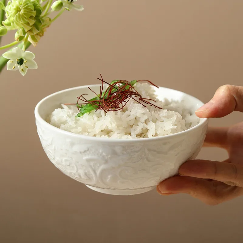 Household high-end pure white ceramic bowl, Guochao wind relief rice  eating  porridge bowl, restaurant, hotel tableware