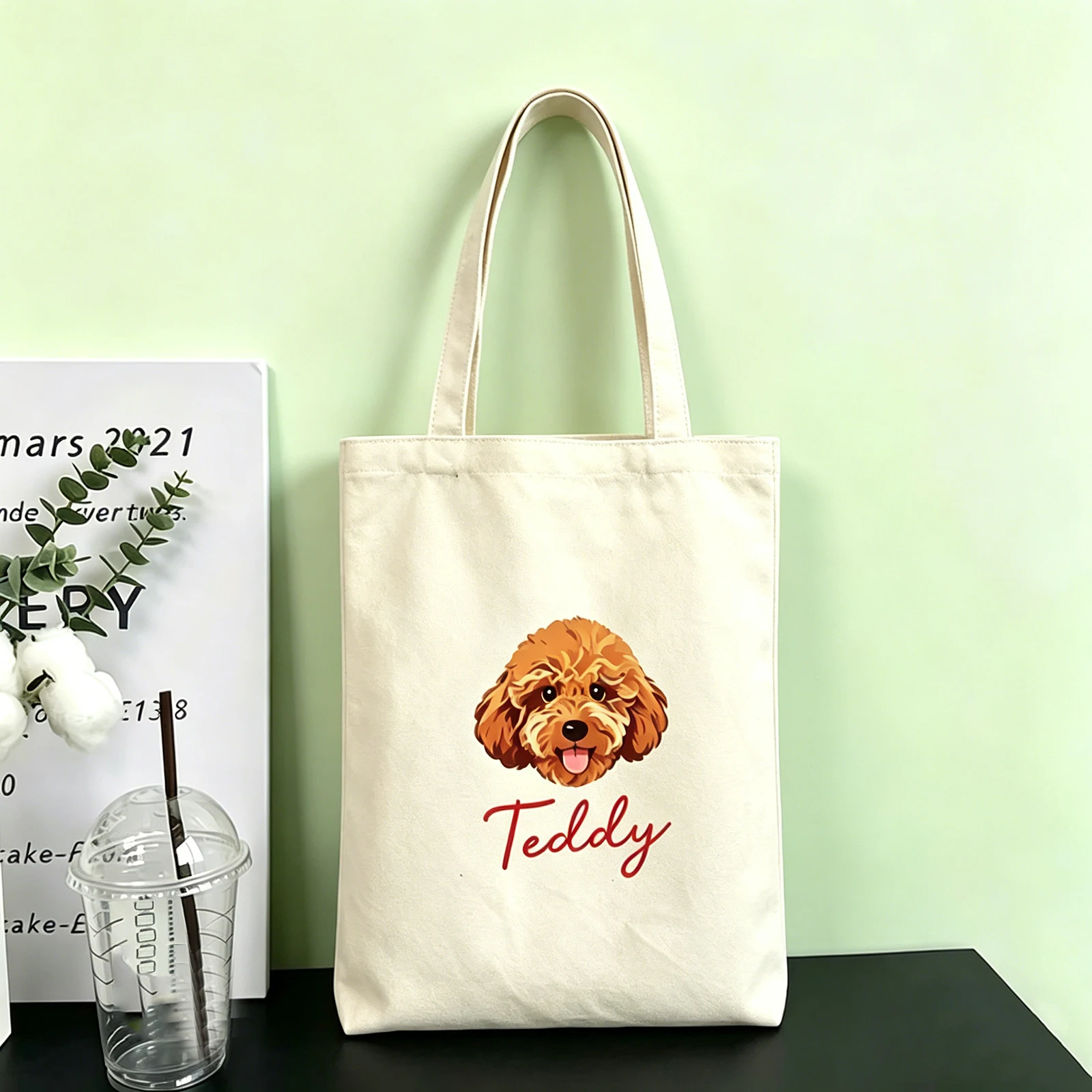

Canvas Tote Bag Custom Personalized Cotton Grocery Bag Dog Portrait Pet Photo Print Reusable Handbag Puppy Lover Gift